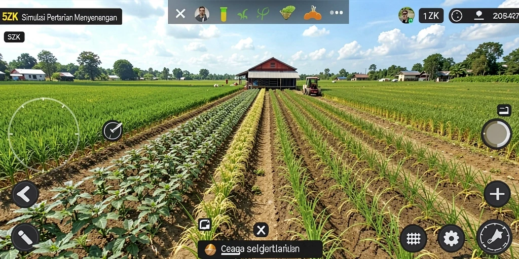 Tampilan gameplay 5ZK dengan pertanian yang subur dan hewan peliharaan yang ceria.