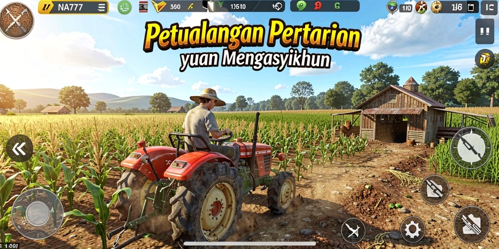 Tampilan gameplay <strong>NA777</strong> menampilkan kebun indah dan hewan peliharaan yang lucu.