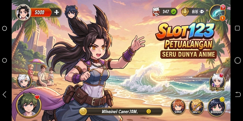 Tangkapan layar SLOT123 menunjukkan gameplay seru dengan karakter Anime.